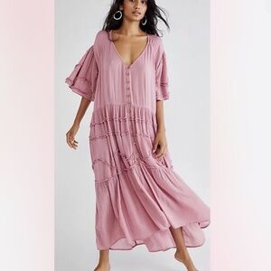FREE PEOPLE Orianna Ruffles Billowy Button
Up Flowy Maxi duster Dress Linen XS